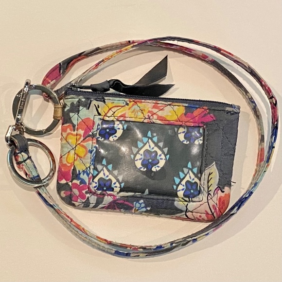 Vera Bradley Key Ring Lanyard Coin Card ID Window Zipper Navy Blue Floral Wallet - Picture 5 of 8